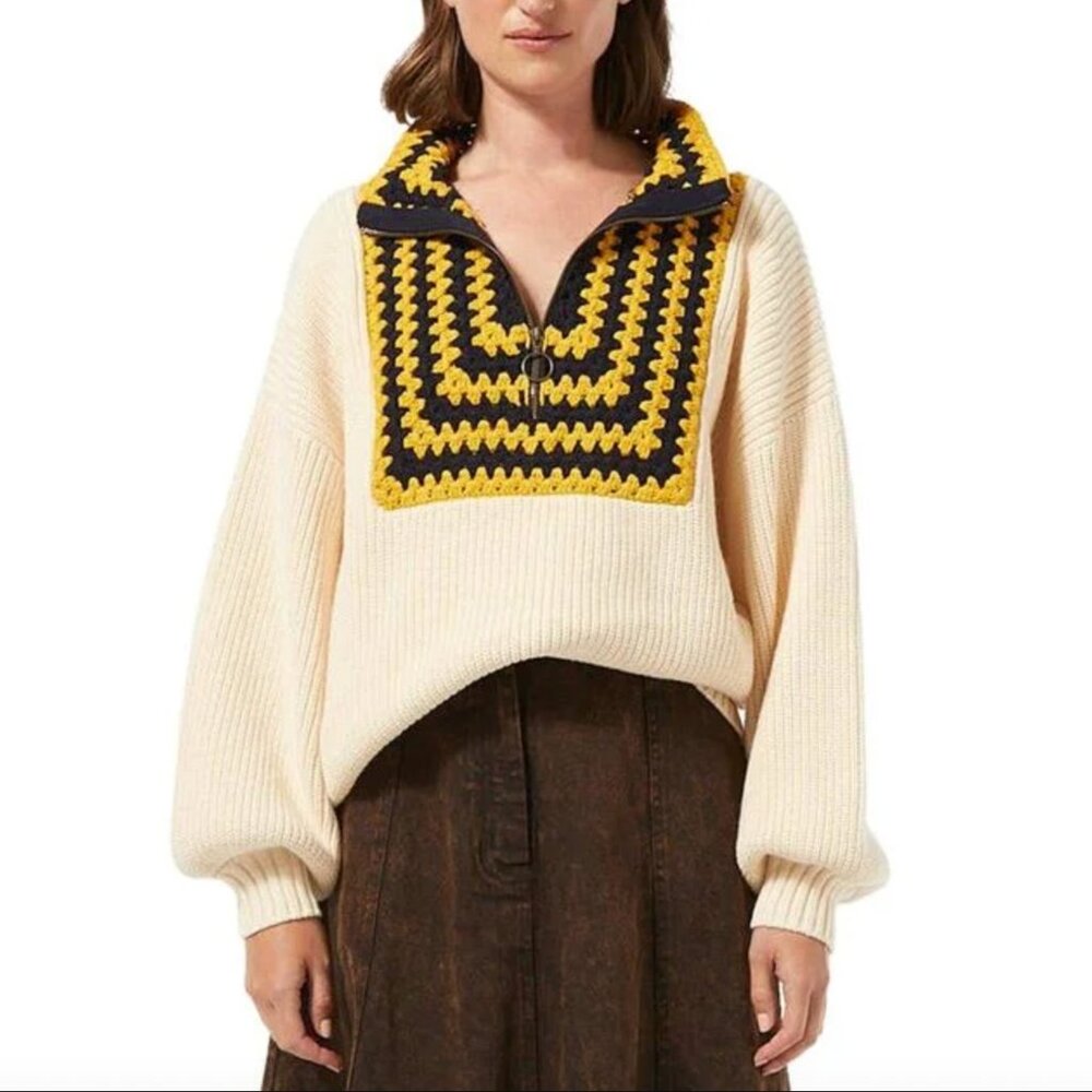RHODE Finn yellow/navy crochet zip neck sweater